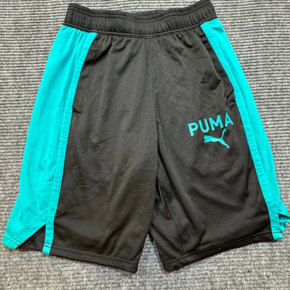 Puma Athletic Mesh Training Shorts Small Black Teal Logo Gym Activewear